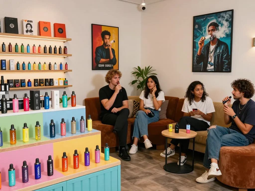 Enjoying Clean Carts 2g Disposable in vibrant vape shop atmosphere with diverse vapers and colorful product display.