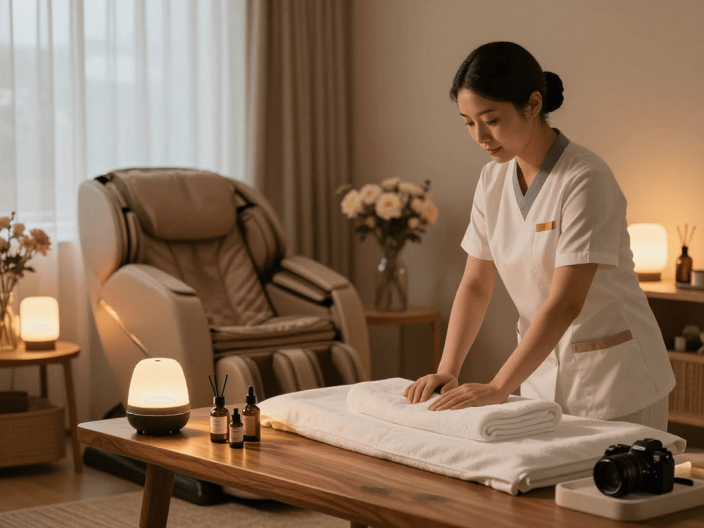안양출장마사지 in a cozy home setting with a therapist preparing for a soothing massage session.