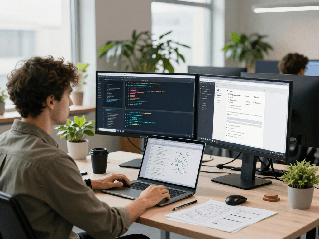 Developer engaging with acrossprotocol dashboard in modern tech workspace, highlighting blockchain innovation.