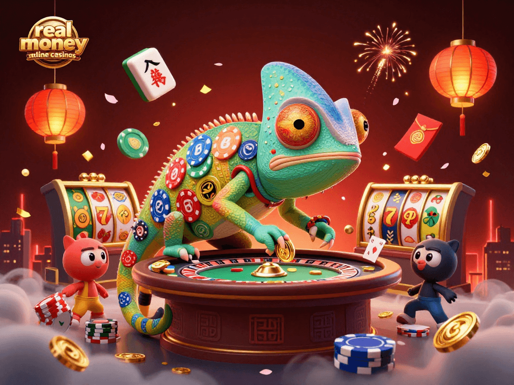 Engage in real money online casinos with a vibrant 3D scene filled with lucky symbols and excitement.