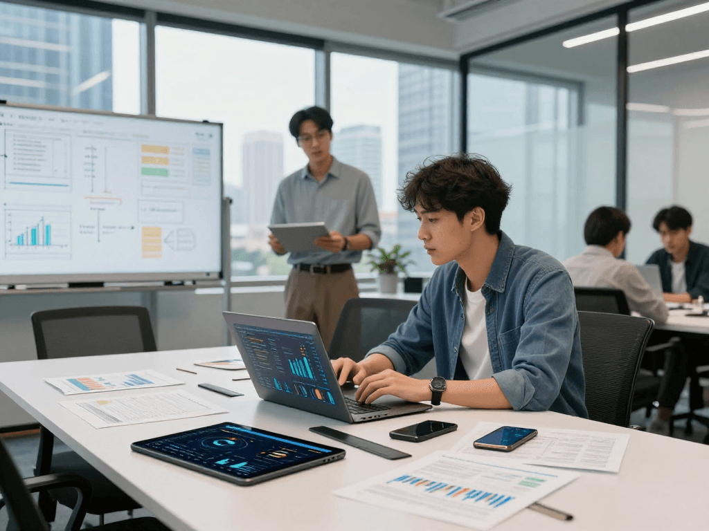 XPAY33 financial technology workspace with professionals analyzing data and collaborating on blockchain metrics