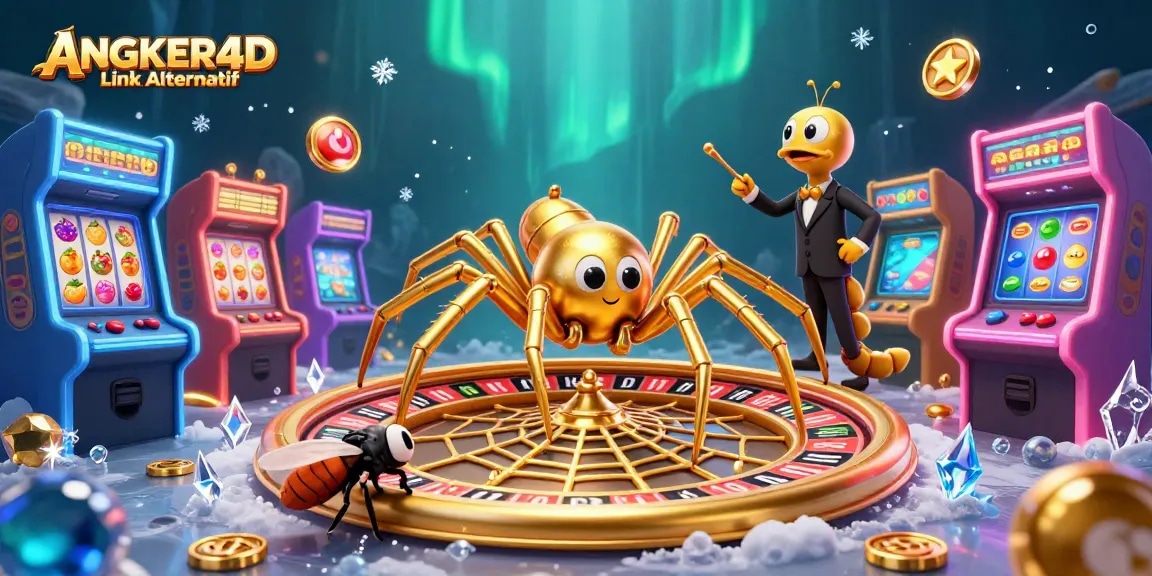 Place bets with ANGKER4D Link Alternatif in this vibrant 3D casino illustration filled with gaming elements.