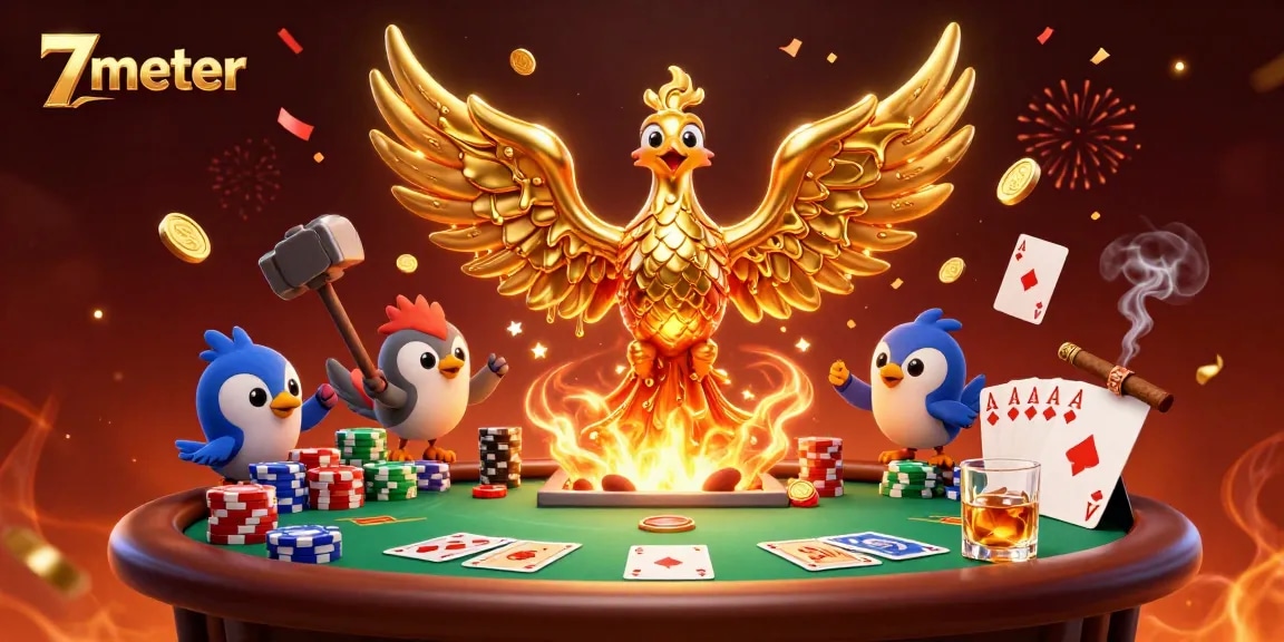 Experience thrilling bets with 7meter at a vibrant poker table surrounded by golden phoenix elements.