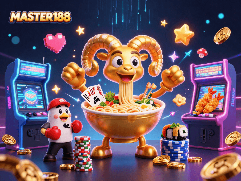 Experience the thrilling action at MASTER188, where playful characters and vibrant casino elements create an engaging gaming atmosphere.