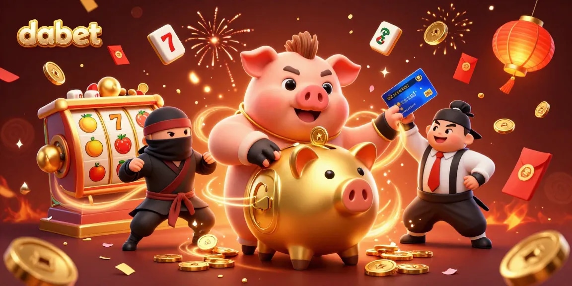 dabet players celebrate wins with 3D casino characters enjoying slots and fireworks.