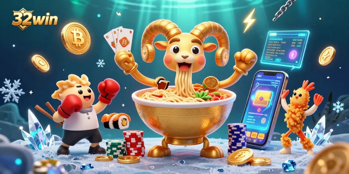 32win showcases a vibrant casino scene with cartoon characters dealing cards amidst glowing crypto elements.