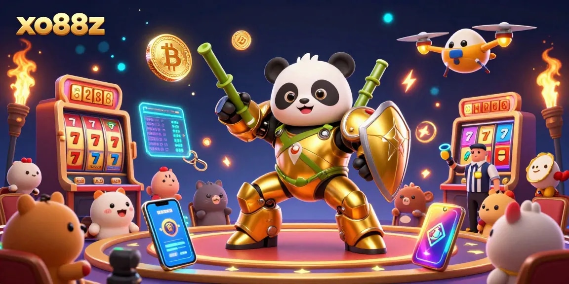 Engage in thrilling casino action with xo88z, featuring vibrant 3D cartoon mech-suit golden panda and exciting game elements.