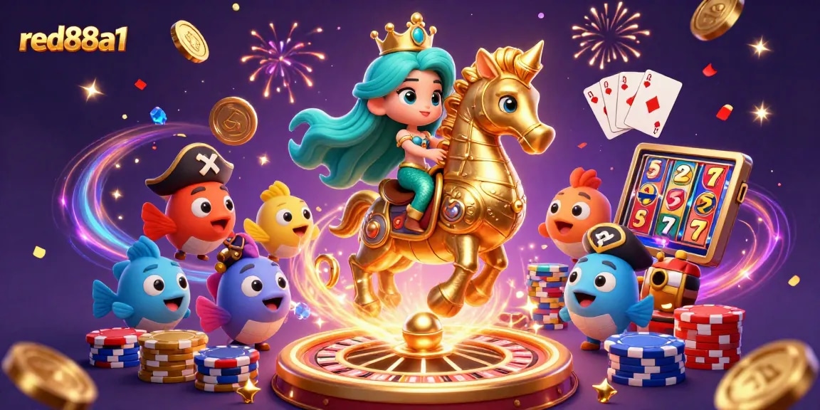 Experience thrilling victories at red88a1 with a magical mermaid and seahorse amidst vibrant casino elements