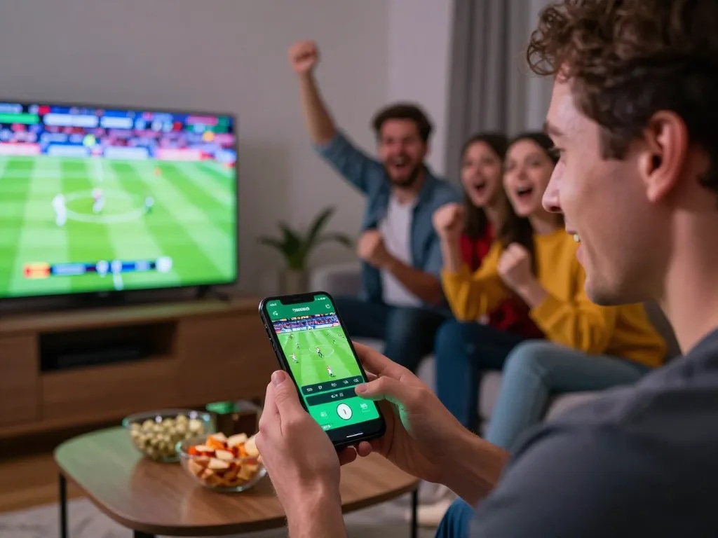 Engaging in sports betting with link sbobet88 app during a live football game.
