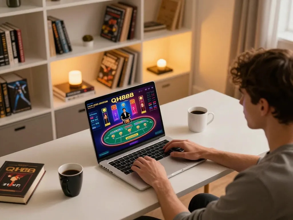 Player enjoying interactive games on qh88go at a stylish gaming desk.