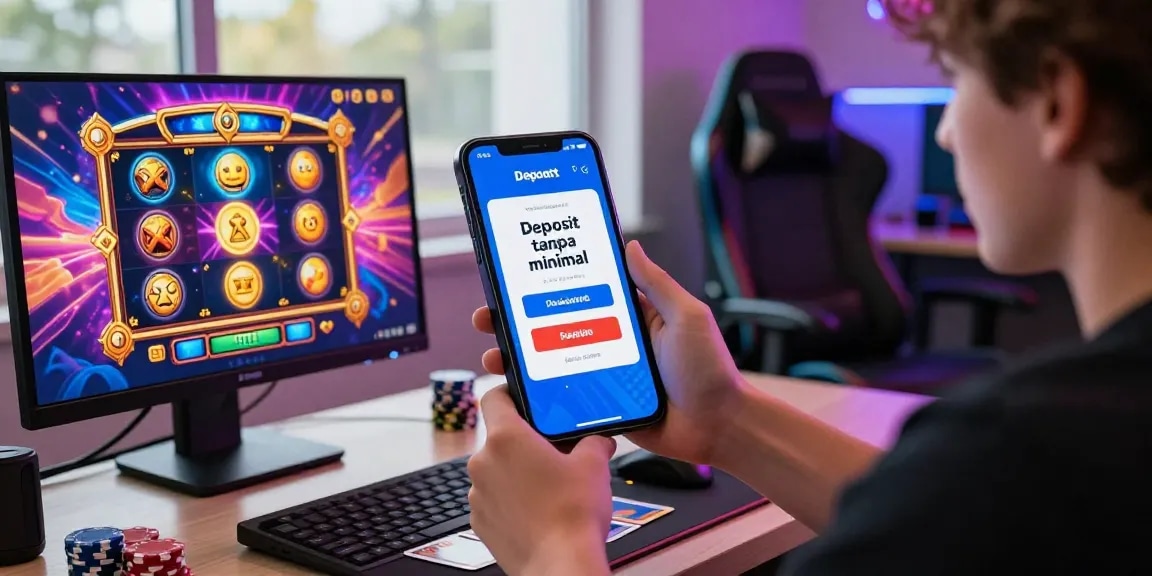 Player enjoying an online slot game with deposit tanpa minimal on display in a vibrant gaming setup.