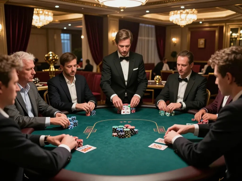IDCASH88 Login scene with an engaged player at a high-stakes poker table, chips stacked, dealer shuffling cards in a luxurious casino.