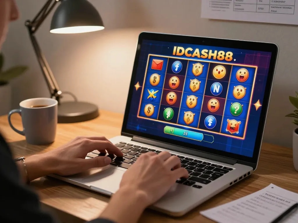 Engaging with IDCASH88 Slot online, player immersed in colorful gaming action on laptop.