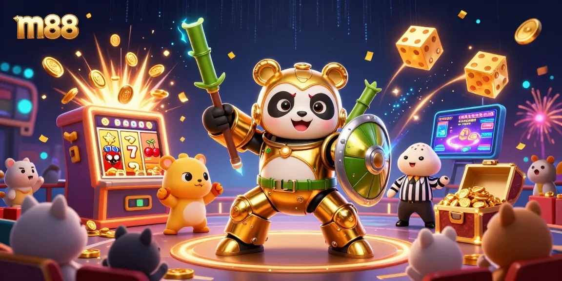 M88 offers a dynamic casino experience with thrilling action from its vibrant gaming scene and golden panda characters.