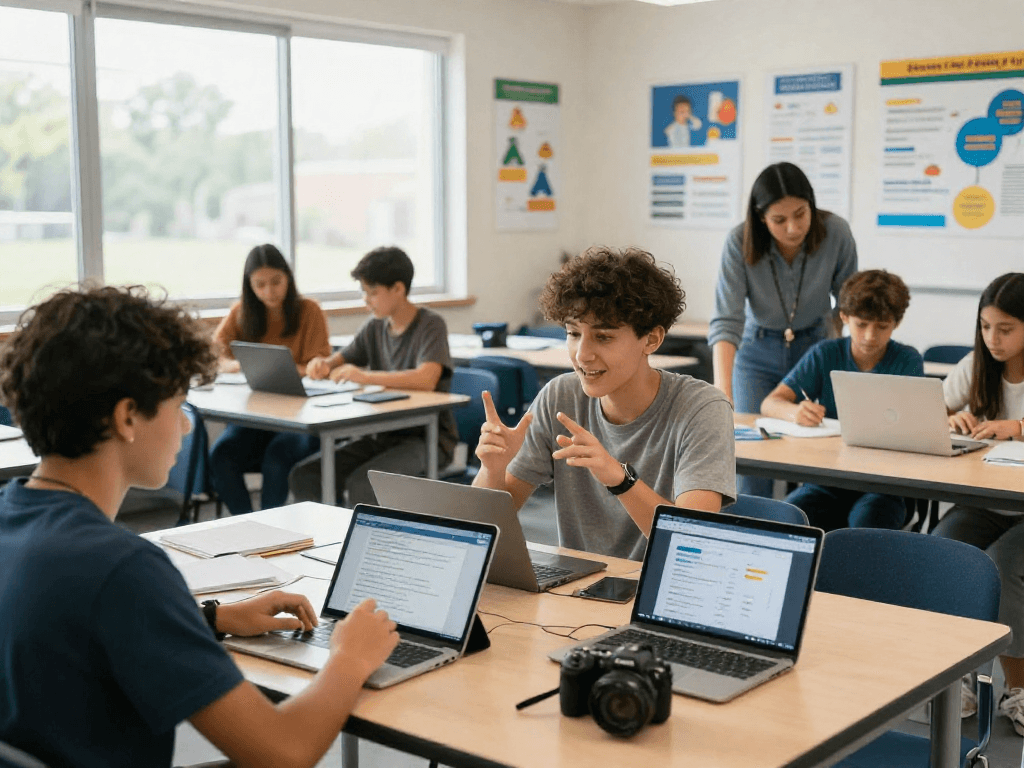 Diverse group of students using rokok88 digital curriculum in a lively learning environment.