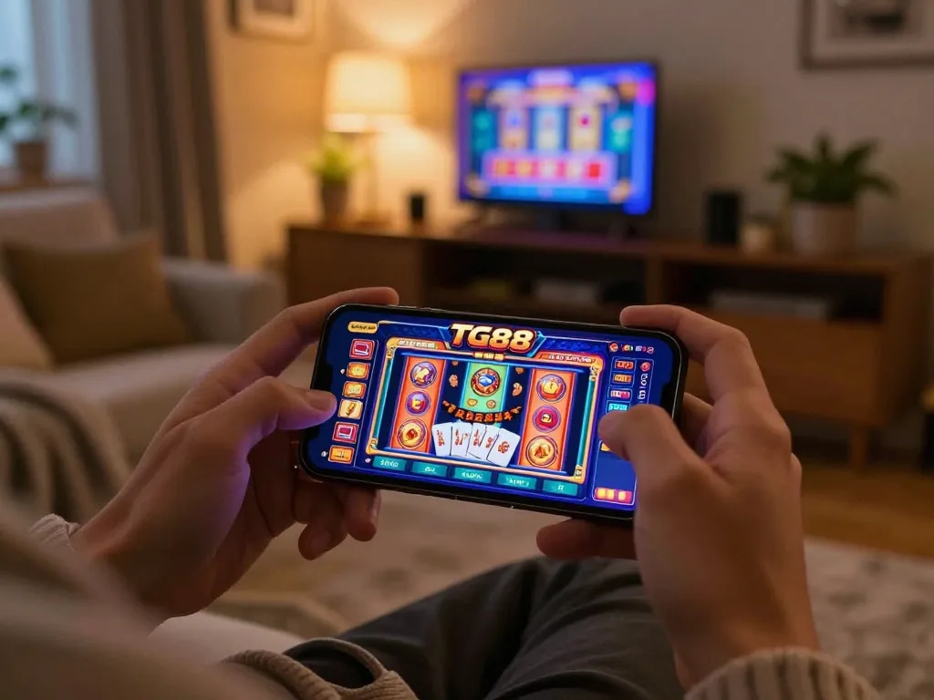 TG88 casino app displayed on smartphone during cozy home gaming session