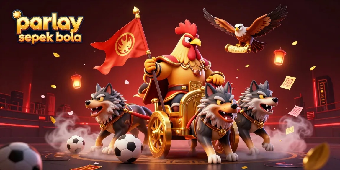 Engaging 3D illustration showcasing parlay sepak bola action with a rooster warlord and dynamic betting elements.