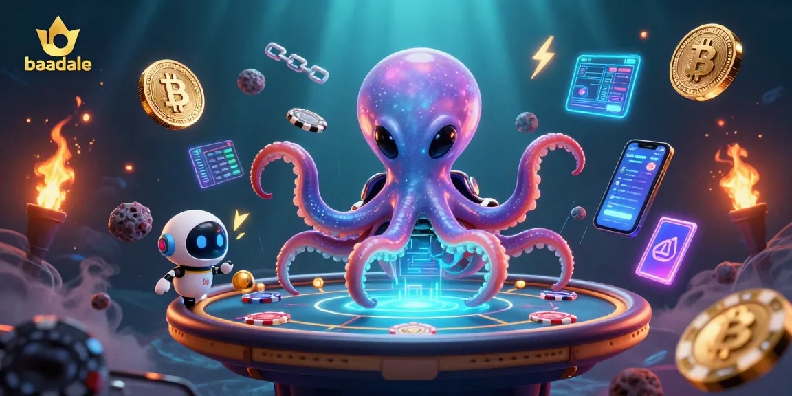 Engage with the vibrant baadale poker scene as an alien octopus spins the table amidst crypto coins and casino action.