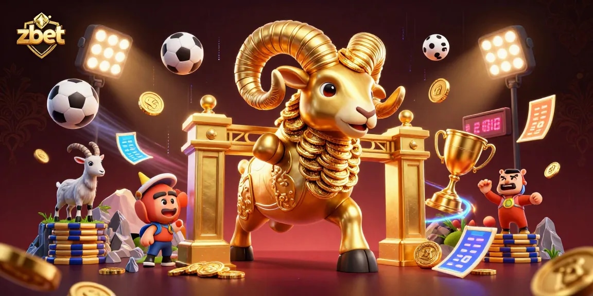 Experience zbet's thrilling sports betting scene with a dynamic depiction of a golden ram charging at a casino.