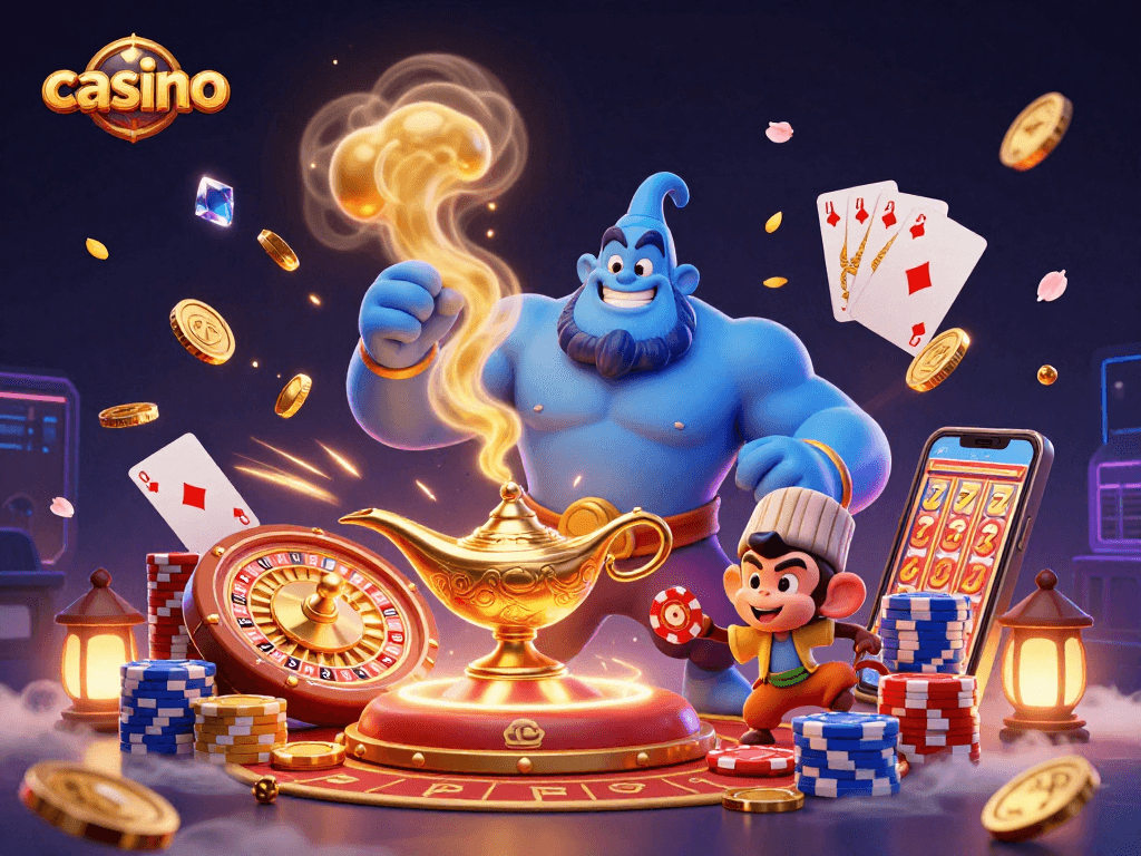 Engaging casino scene featuring a blue genie, poker chips, and cascading coins.