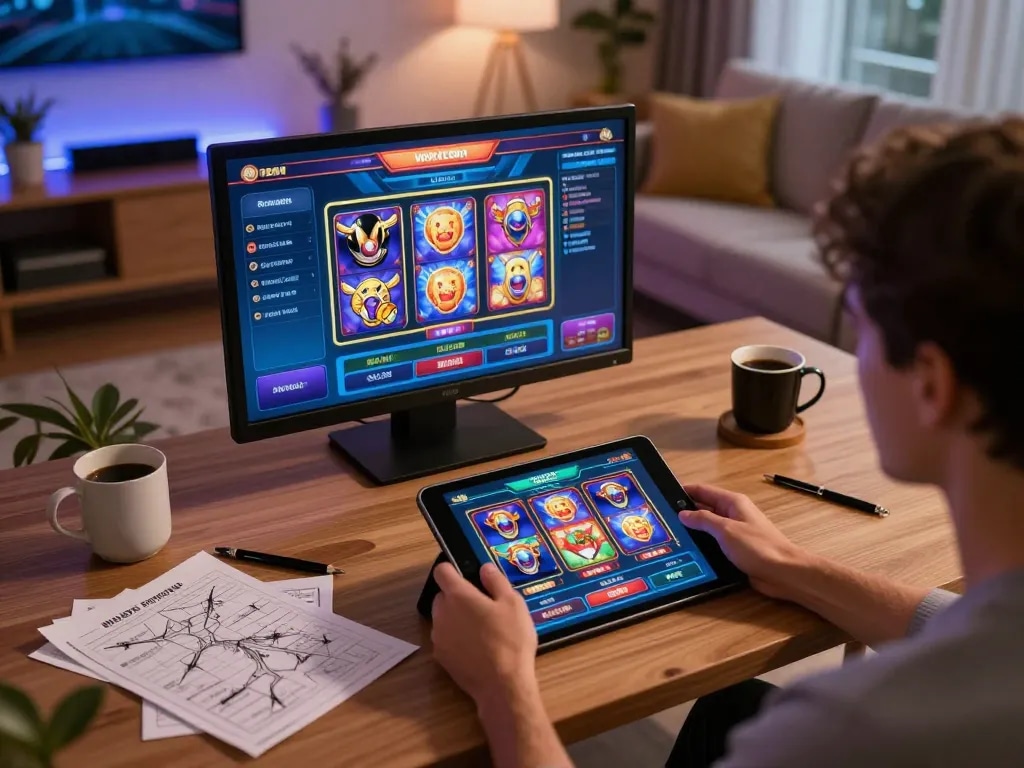 Engaging in SLOT88 gameplay on tablet in cozy home setup with strategy notes and coffee.