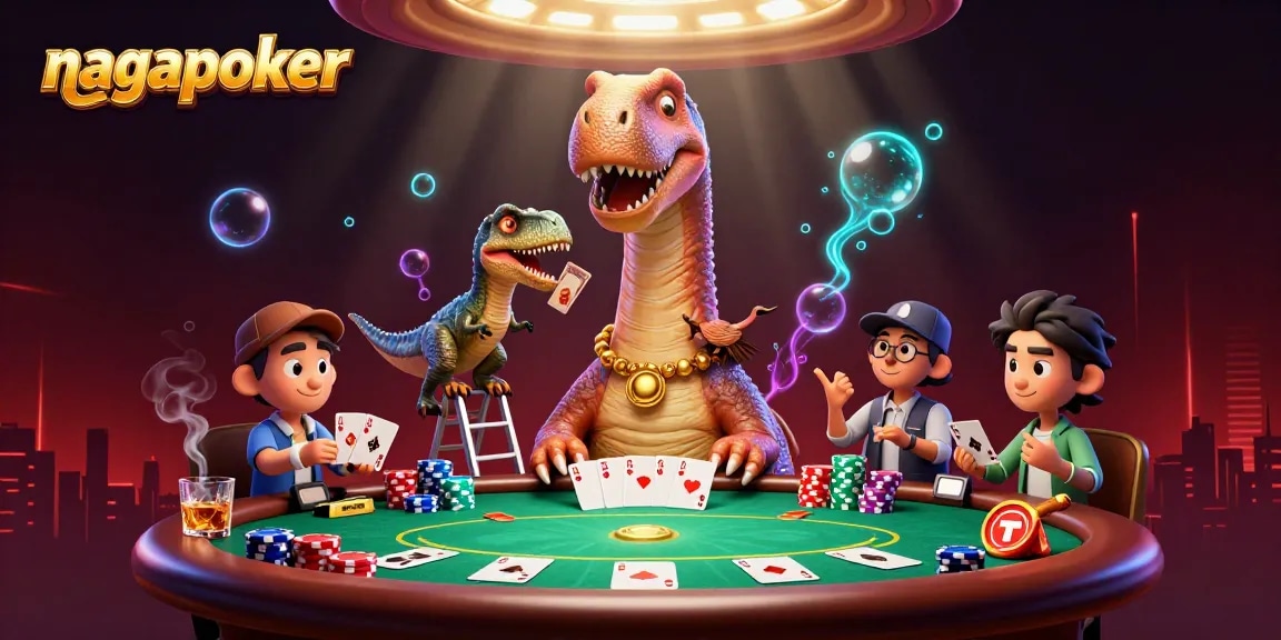 Experience thrilling gambling action with nagapoker at a vibrant cartoon casino scene featuring giant dinosaurs and poker games.