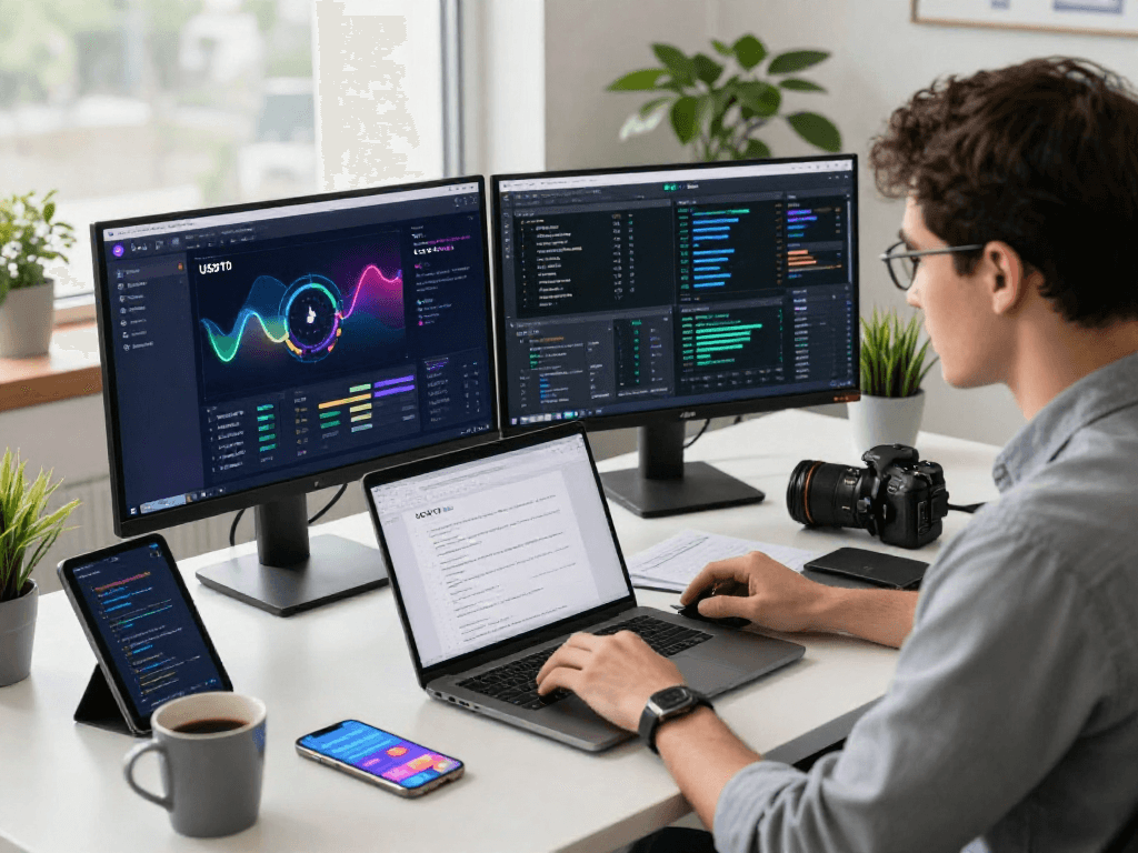 USDT0 software developer utilizing dual monitors in a modern office setting showcasing liquidity routing and blockchain analytics.