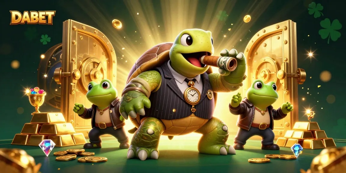 DABET's dynamic casino scene featuring a snappy mob turtle and bullfrog enforcers amidst golden treasures in action.