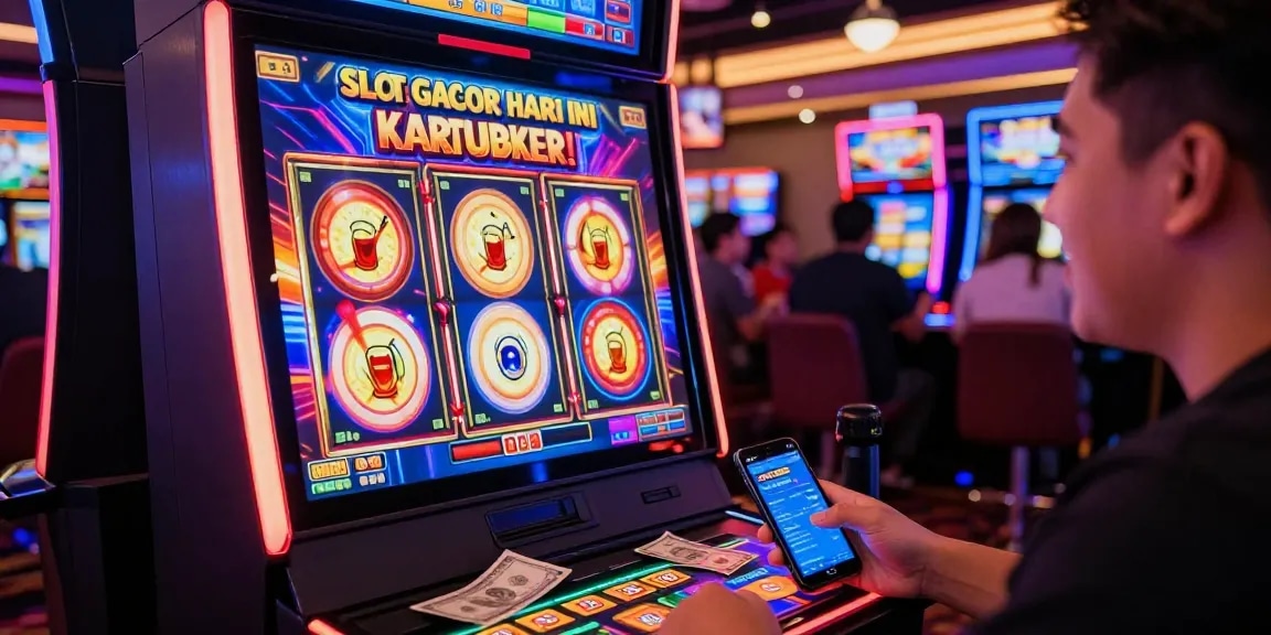 Excited player spinning Slot Gacor Hari Ini Kartupoker with vibrant casino atmosphere.