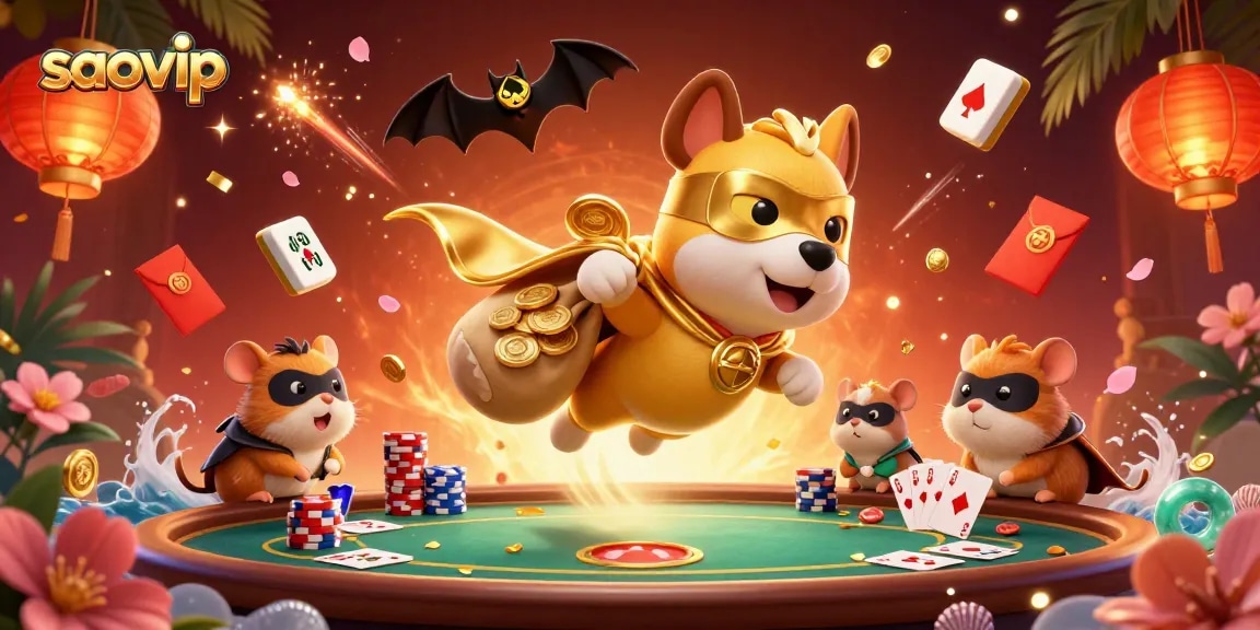 Experience the thrill of winning at saovip with a vibrant 3D illustration of a superhero dog collecting gold coins.