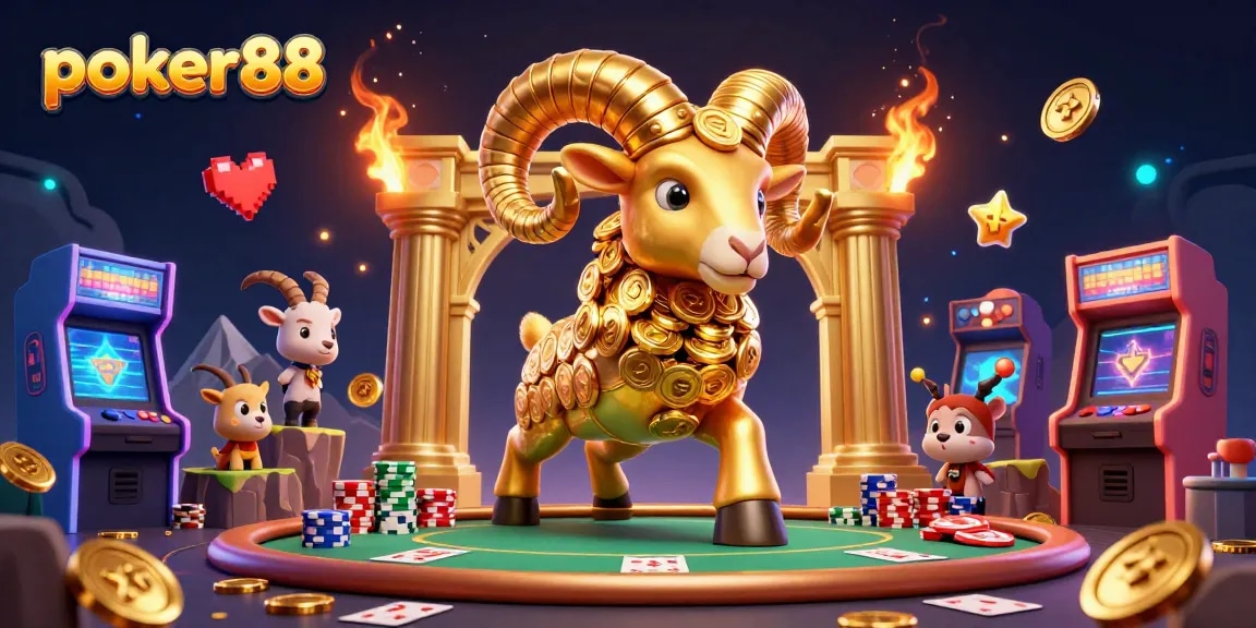 Engage in thrilling poker88 action with a dynamic 3D illustration showcasing a golden ram charging at a poker table.