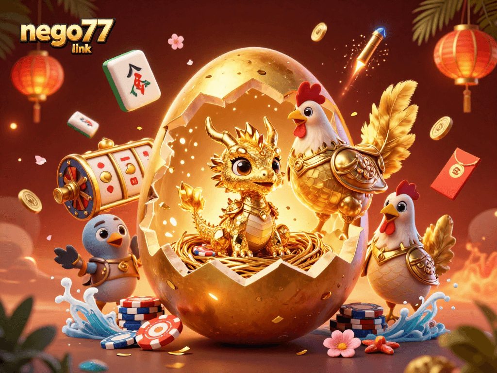 Engage with the exciting nego77 link featuring a gold dragon amidst slot reels and festive decorations.