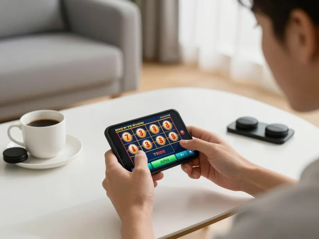 Engaging in mobile RR88 gaming with smartphone, highlighting user experience and excitement.