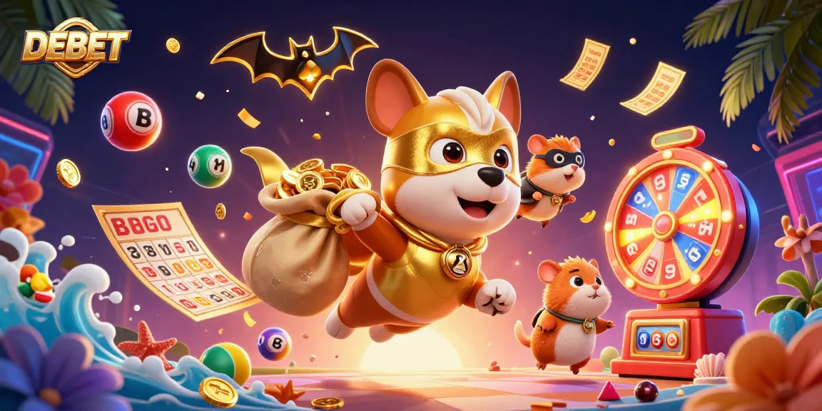 Experience thrilling wins at DEBET with vibrant lottery balls, gold coins, and gaming excitement.