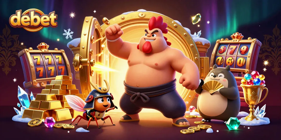 Engage with the debet 3D casino illustration featuring a powerful rooster sumo wrestler amid sparkling slot elements.