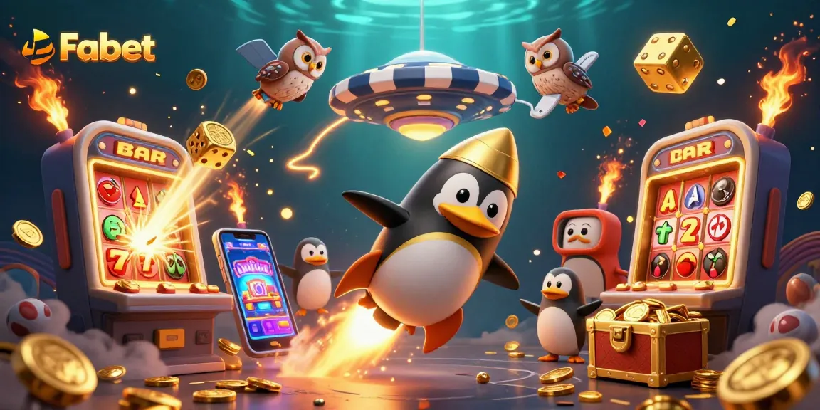 Spin and win big at Fabet Casino, featuring vibrant 3D golden penguin and casino elements.