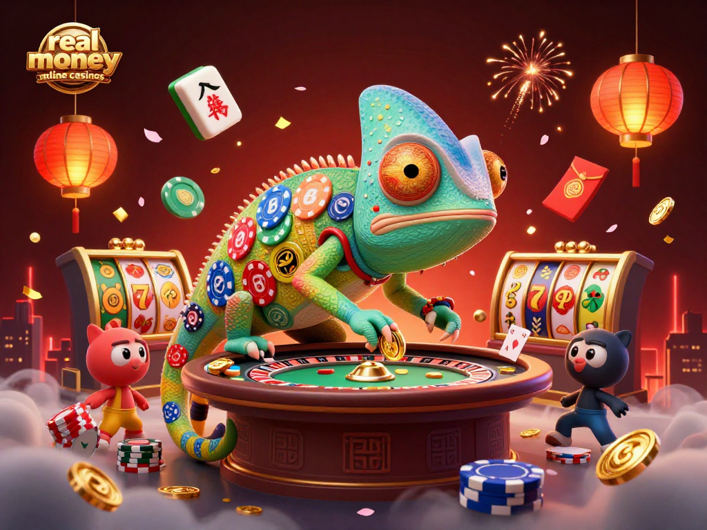 Engage in real money online casinos with a vibrant 3D scene filled with lucky symbols and excitement.