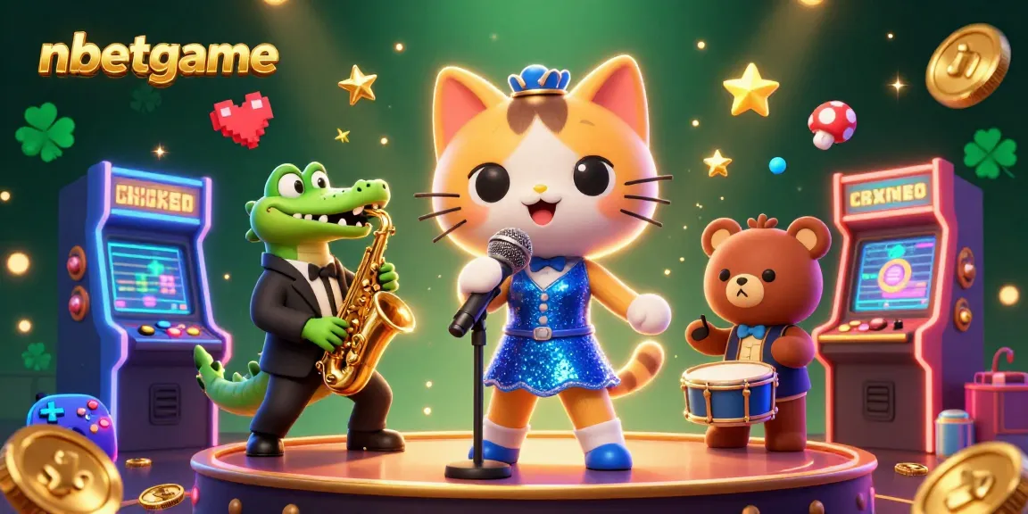 Engage with nbetgame featuring a vibrant casino scene with singing cat, saxophone crocodile, and drumming bear.
