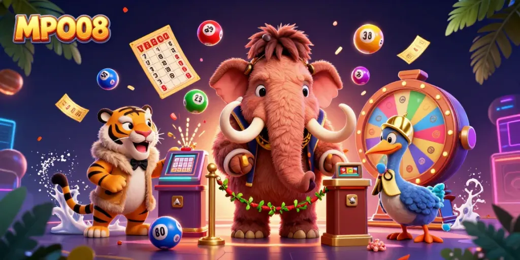 MPO08 vibrant casino scene with colorful lottery balls, dynamic characters, and a rich atmosphere