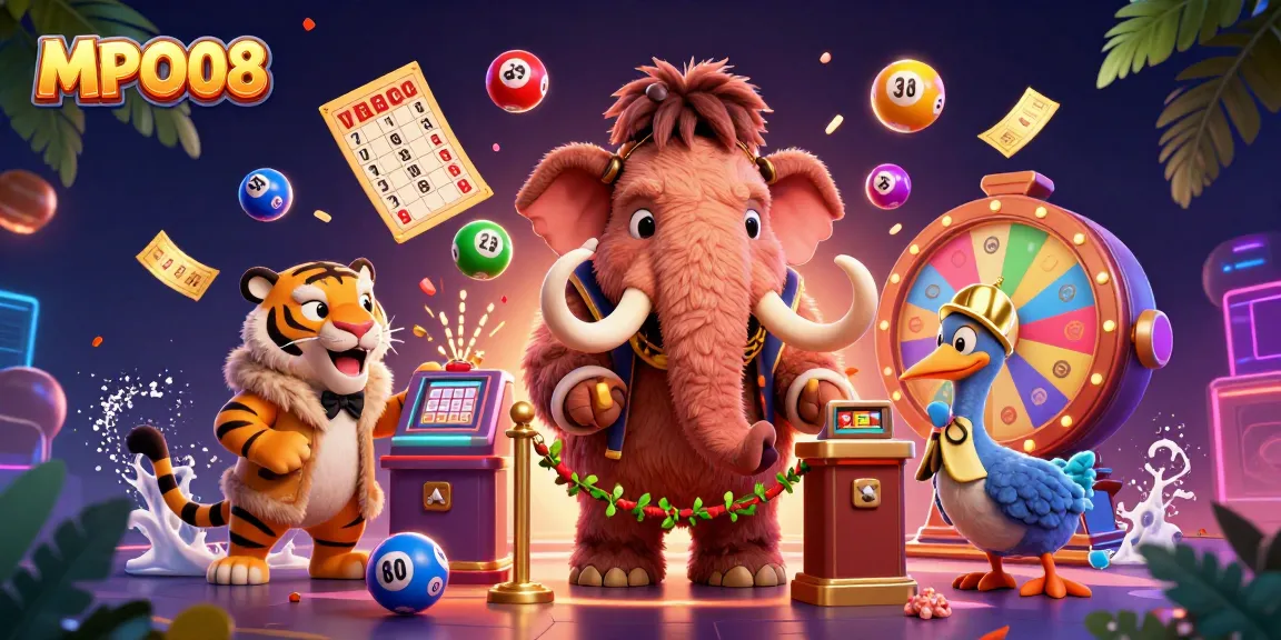 MPO08 vibrant casino scene with colorful lottery balls, dynamic characters, and a rich atmosphere