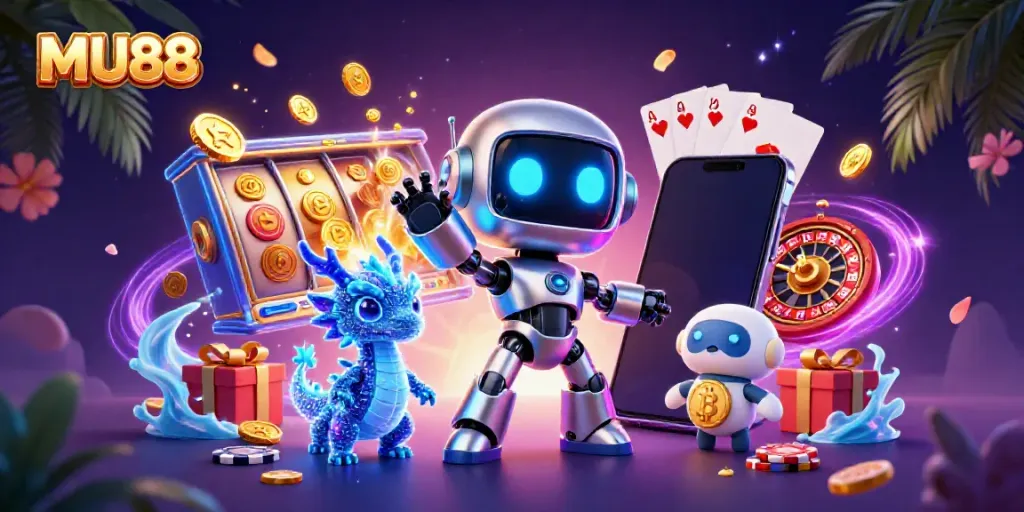 Engage with the excitement of MU88: A vibrant 3D gambling scene with animated characters and game elements.