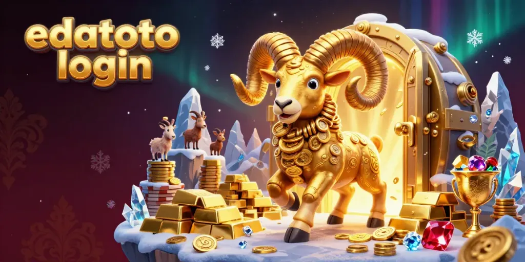 Experience the excitement of edatoto login with a dynamic golden ram charging through a treasure-filled scene.