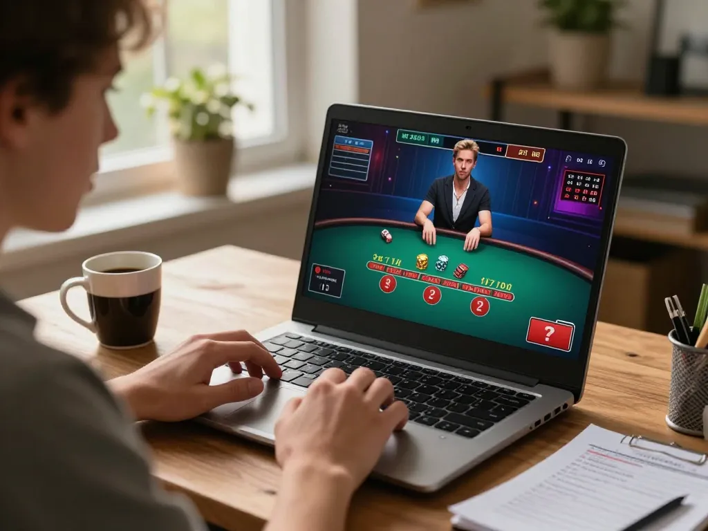rokok88 user engaged in a live dealer blackjack game on laptop, showcasing strategic online gambling