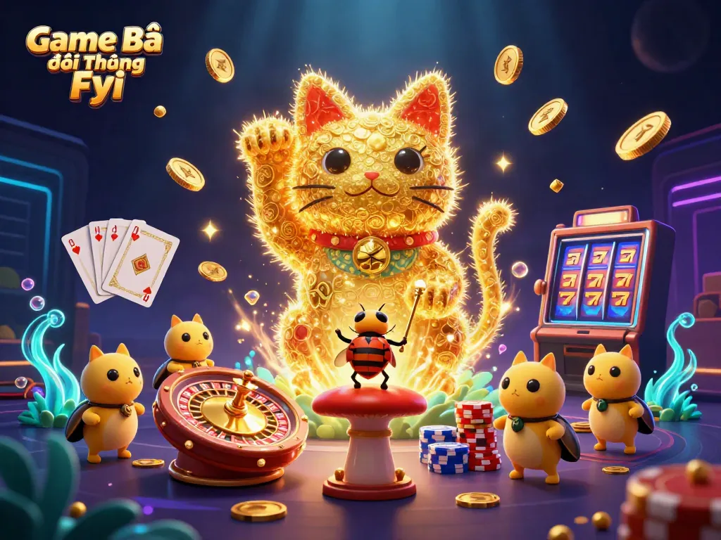 Experience the excitement of Game Bài Đổi Thưởng Fyi with a vibrant casino illustration featuring lucky symbols and dynamic action.