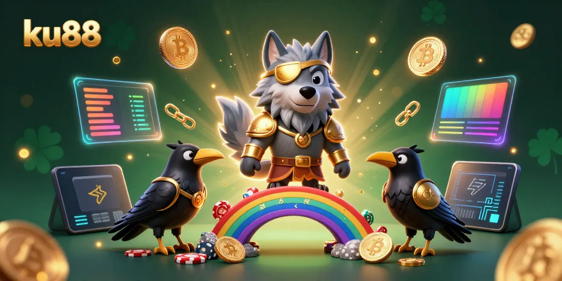 Experience thrilling gameplay at ku88 with Odin and ravens amidst a glowing casino world.