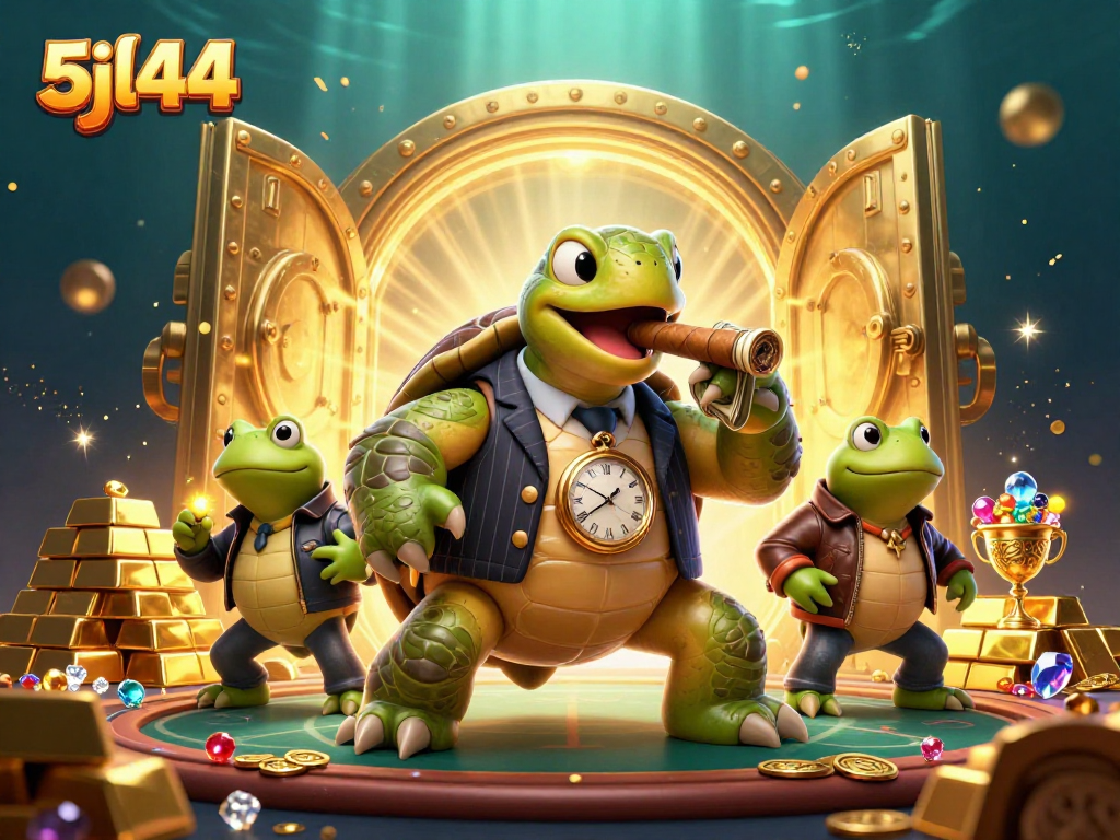5jl44 captures a vibrant 3D casino scene featuring a snapping turtle and bullfrog enforcers.