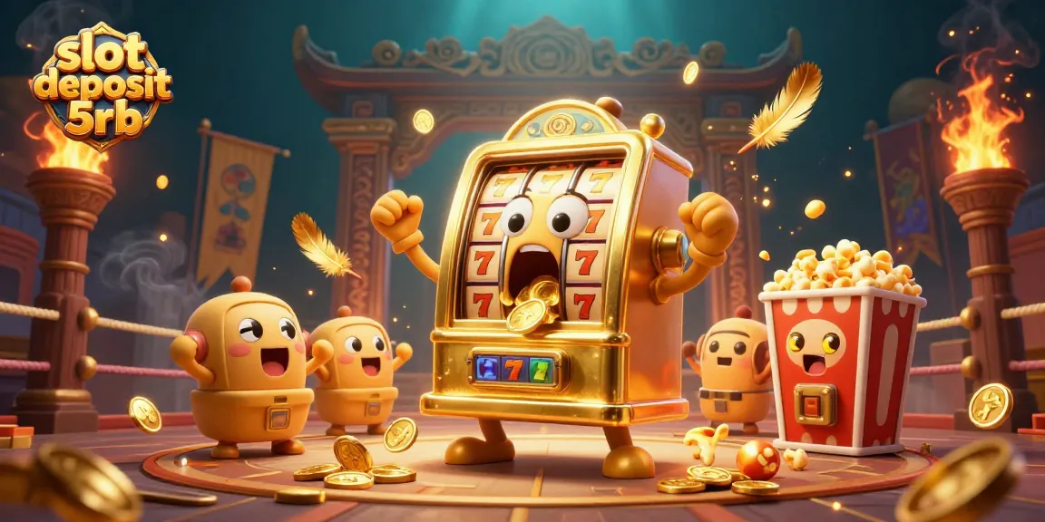 Experience thrilling wins with slot deposit 5rb in this vibrant casino scene with cheering machines.