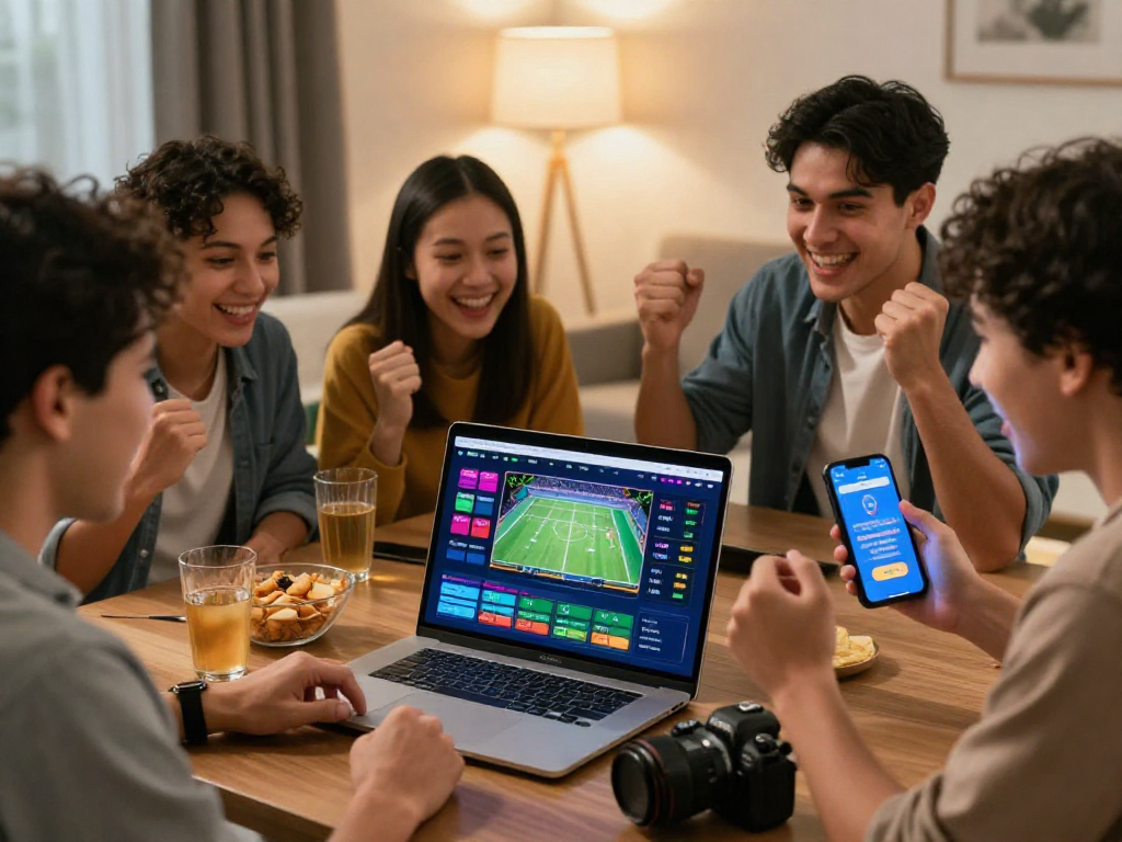 Friends engaging with http://oxbet-app.com betting app in a warm home setting during an exciting game night.
