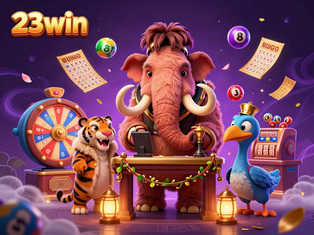 Experience the excitement of 23win with a dynamic casino scene featuring colorful lottery balls and animated characters.