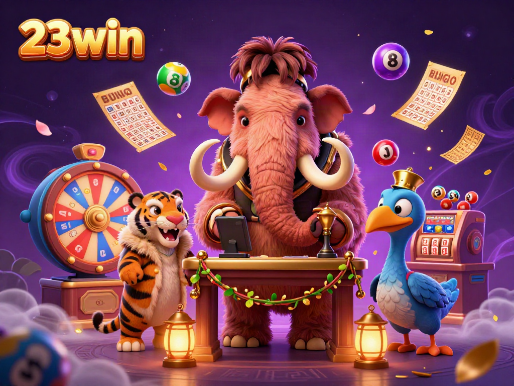 Experience the excitement of 23win with a dynamic casino scene featuring colorful lottery balls and animated characters.